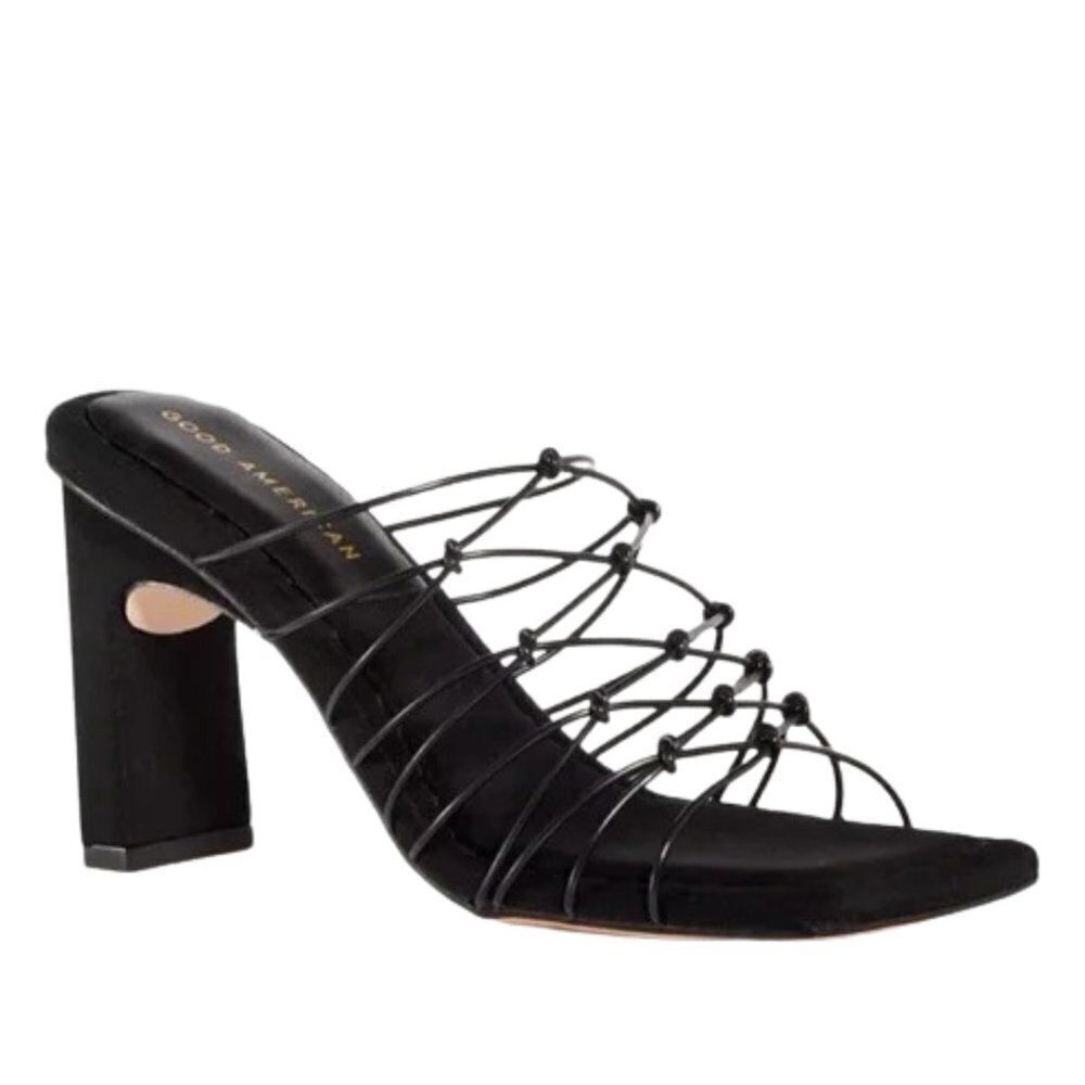 NEW Good American Strappy Caged Neoprene Block Heel Mule Sandal in Black